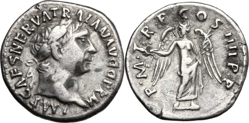 Trajan (98-117). AR Denarius, 101-102 AD. D/ IMP CAES NERVA TRAIAN AVG GERM. Lau...