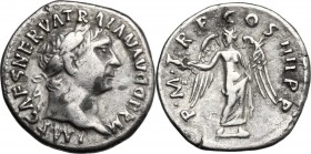Trajan (98-117). AR Denarius, 101-102 AD. D/ IMP CAES NERVA TRAIAN AVG GERM. Laureate head right. R/ PM TR P COS IIII PP. Victory standing front, head...
