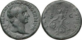 Trajan (98-117). AE As, 101-102 AD. D/ IMP CAES NERVA TRAIAN AVG GERM PM. Laureate head right. R/ TR POT COS IIII PP SC. Victory walking left, holding...