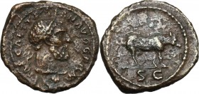 Trajan (98-117). AE Quadrans. D/ IMP CAES TRAIAN AVG GERM. Bust of Hercules right, with lion's skin. R/ SC in exergue. Boar walking right. RIC 702. AE...