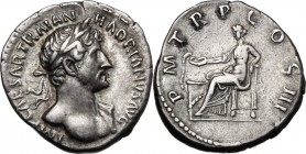 Hadrian (117-138). AR Denarius, 119-122 AD. D/ IMP CAESAR TRAIAN HADRIANVS AVG. Laureate "heroic" bust right, with drapery on far shoulder. R/ PM TR P...