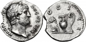 Hadrian (117-138). AR Denarius, 125-128 AD. D/ HADRIANVS AVGSTVS. Laureate head right. R/ COS III. Simpulum, aspergillum, jug and lituus. RIC 198; C. ...