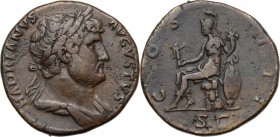 Hadrian (117-138). AE Sestertius, 125-128 AD. D/ HADRIANVS AVGVSTVS. Laureate and draped bust right. R/ COS III SC. Roma seated left on cuirass, holdi...