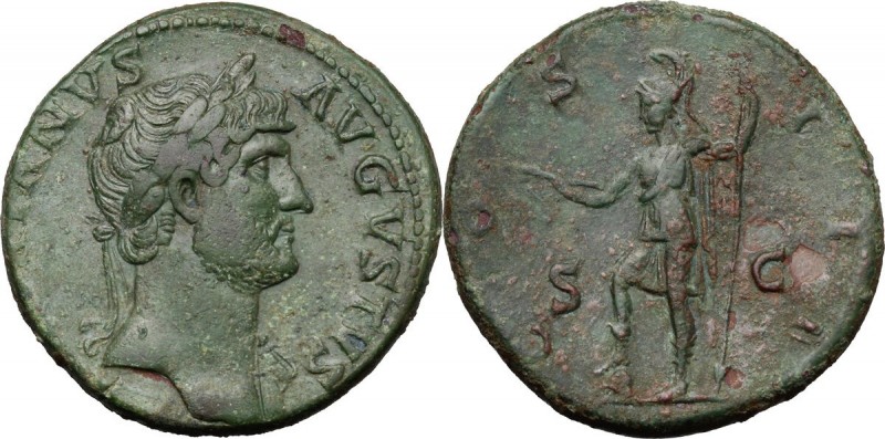 Hadrian (117-138). AE Sestertius, 125-128 AD. D/ HADRIANVS AVGVSTVS. Laureate bu...