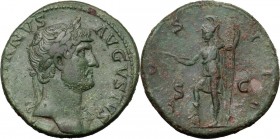 Hadrian (117-138). AE Sestertius, 125-128 AD. D/ HADRIANVS AVGVSTVS. Laureate bust right, with slight drapery on far shoulder. R/ COS III SC. Virtus s...