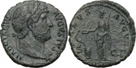 Hadrian (117-138). AE As, 125-128 AD. D/ HADRIANVS AVGVSTVS. Laureate head right. R/ SALVS AVGVSTI COS III (in exergue) SC. Salus feeding snake coiled...