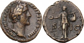 Antoninus Pius (138-161). AE As, 145-161 AD. D/ ANTONINVS AVG PIVS P P TR P COS IIII. Laureate head right. R/ SC. Apollo standing facing, head left, h...