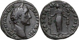 Antoninus Pius (138-161). AE Sestertius, 155-156 AD. D/ ANTONINVS AVG PIVS PP IMP II. Laureate head right. R/ TR POT XIX COS IIII SC. Fides Exercitus ...