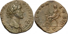 Antoninus Pius (138-161). AE Sestertius, 156-157AD. D/ ANTONINVS AVG PIVS P P IMP II. Laureate head right. R/ TR POT XX COS IIII SC. Securitas seated ...
