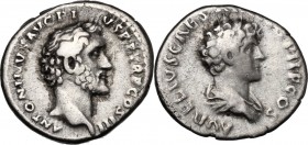 Antoninus Pius with Marcus Aurelius Caesar. AR Denarius, 140-144 AD. D/ ANTONINVS AVG PIVS PP TR P COS III. Bare head of Antoninus Pius right. R/ AVRE...