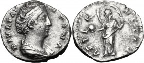 Faustina I, wife of Antoninus Pius (died 141 AD). AR Denarius, after 141 AD. D/ DIVA FAVSTINA. Draped bust right. R/ AETERNITAS. Providentia (?) stand...