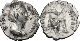 Faustina I, wife of Antoninus Pius (died 141 AD). AR Denarius, Rome mint, after 141 AD. D/ DIVA FAVSTINA. Veiled and draped bust right. R/ AETERNITAS....