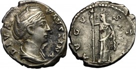 Faustina I, wife of Antoninus Pius (died 141 AD). AR Denarius, 141 AD. D/ DIVA FAVSTINA. Bust right, draped. R/ AVGVSTA. Ceres standing left, holding ...