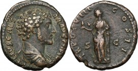 Marcus Aurelius as Caesar (139-161). AE As, 153-154 AD. D/ AVRELIVS CAESAR AVG PII FIL. Draped bust right, head bare. R/ TR POT VIII COS II SC. Salus ...
