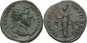 Marcus Aurelius (161-180). AE Sestertius, 163-164 AD. D/ M AVREL ANTONINVS AVG PM. Laureate head right. R/ TR P AVIII IMP II COS III SC. Minerva stand...