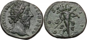 Marcus Aurelius (161-180). AE Dupondius, 170-171 AD. D/ IMP M ANTONINVS AVG TR P XXV. Diademed head right. R/ COS III SC. Mars advancing right, carryi...