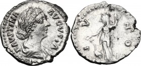 Faustina II, wife of Marcus Aurelius (died 176 AD). AR Denarius. D/ FAVSTINA AVGVSTA. Draped bust right. R/ IVNO. Juno veiled, standing left, holding ...