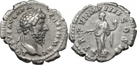 Lucius Verus (161-169). AR Denarius. D/ L VERVS AVG ARM PARTH MAX. Laureate head right. R/ PAX TR P VI IMP IIII COS II. Pax standing left, holding oli...
