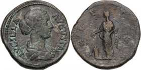 Lucilla, wife of Lucius Verus (died 183 AD). AE Sestertius, struck under Marcus Aurelius. D/ LVCILLA AVGVSTA. Draped bust right, hair coiled on back. ...
