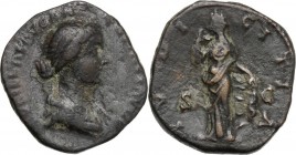 Lucilla, wife of Lucius Verus (died 183 AD). AE As, struck under Marcus Aurelius. D/ LVCILLAE AVG ANTNINIAVG F. Draped bust right, hair coiled on back...