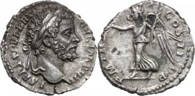 Septimius Severus (193-211). AR Denarius, 194-195 AD. D/ L SEPT SEV PERT AVG IMP IIII. Laureate head. R/ P M TR P III COS II P P. Victory advancing le...