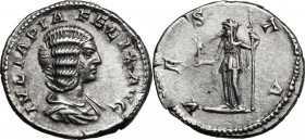 Julia Domna, wife of Septimius Severus (died 217 AD). AR Denarius, struck under Caracalla. D/ IVLIA PIA FELIX AVG. Draped bust right. R/ VESTA. Vesta ...