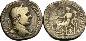 Caracalla (198-217). AE Sestertius, 211 AD. D/ M AVREL ANTONINVS PIVS AVG BRIT. Laureate bust right, with slight drapery on far shoulder. R/ FORT RED ...