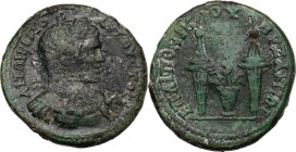 Caracalla (198-217). AE 33 mm. Byzantion mint, Thrace. Ailios Pontikos magistrate. D/ Laureate and cuirassed bust right. R/ Two conical wicker baskets...