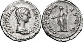 Plautilla, wife of Caracalla (died 212 AD). AR Denarius, struck under Caracalla. D/ PLAVTILLA AVGVSTA. Draped bust right, hair coiled in ridges. R/ CO...