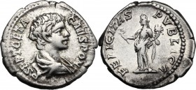 Geta as Caesar (198-209). AR Denarius, Rome mint. D/ P SEPT GETA CAES PONT. Bare headed and draped bust right. R/ FELICITAS PVBLICA. Felicitas standin...