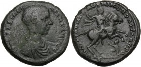 Diadumenian (218 AD). AE 28 mm. Nicopolis ad Istrum mint, Moesia Inferior. D/ Bare headed, draped and cuirassed bust right. R/ Emperor galloping right...