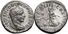Elagabalus (218-222). AR Denarius, 221 AD. D/ IMP ANTONINVS AVG. Laureate, draped and cuirassed bust right. R/ PM TR P IIII COS PP. Victory flying lef...