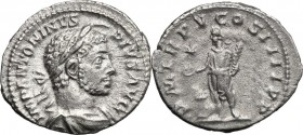 Elagabalus (218-222). AR Denarius, 222 AD. D/ IMP ANTONINVS PIVS AVG. Laureate and draped bust right. R/ PM TR P V COS IIII PP. Elagabalus standing le...