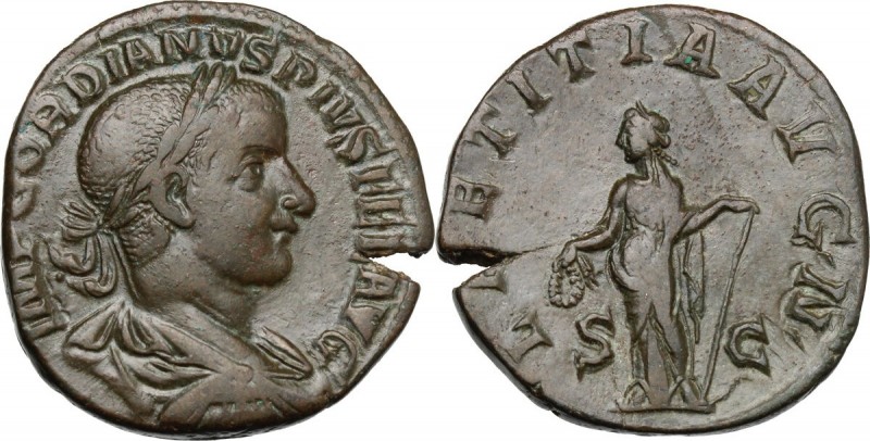 AE Sestertius, Rome mint. D/ IMP GORDIANVS PIVS FEL AVG. Laureate, draped and cu...