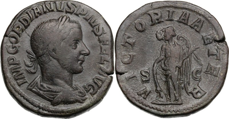 AE Sestertius, Rome mint. D/ IMP GORDIANVS PIVS FEL AVG. Laureate, draped and cu...