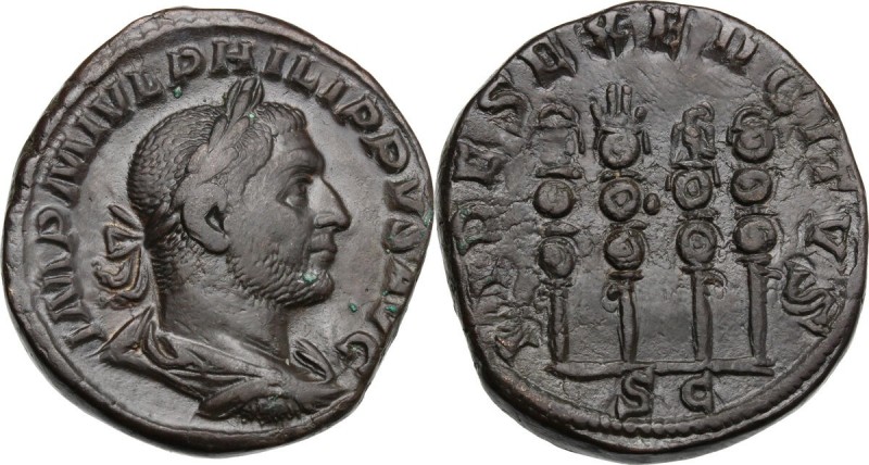 Philip I (244-249). AE Sestertius, Rome mint. D/ IMP M IVL PHILIPPVS AVG. Laurea...