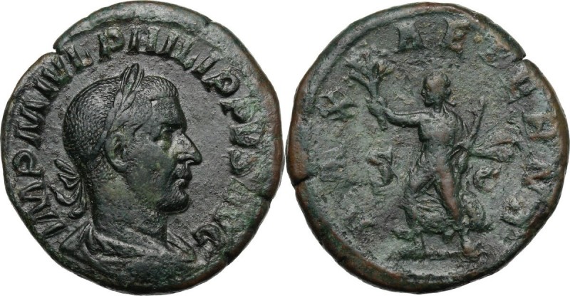 Philip I (244-249). AE Sestertius, 244-249 AD. D/ IMP M IVL PHILIPPVS AVG. Laure...