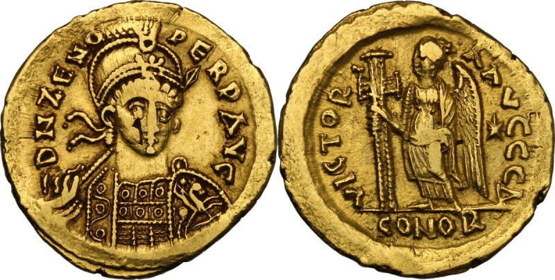 Zeno (474-491). AV Solidus, Constantinople mint, 4th officina. D/ D N ZENO PERP ...