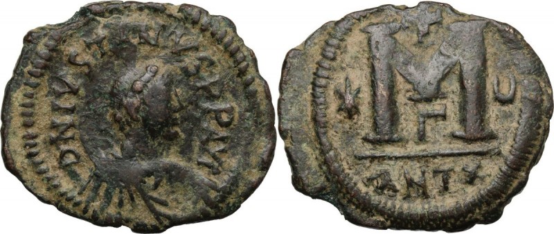 Justin I (518-527). AE Follis, Antioch mint. D/ DN IVSTINVS PP AVG. Diademed, dr...