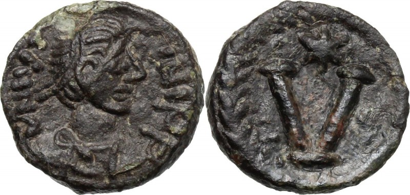 Justin I (518-527). AE Pentanummium, Ravenna mint. D/ DN IVS[ ] INI PP. Diademed...