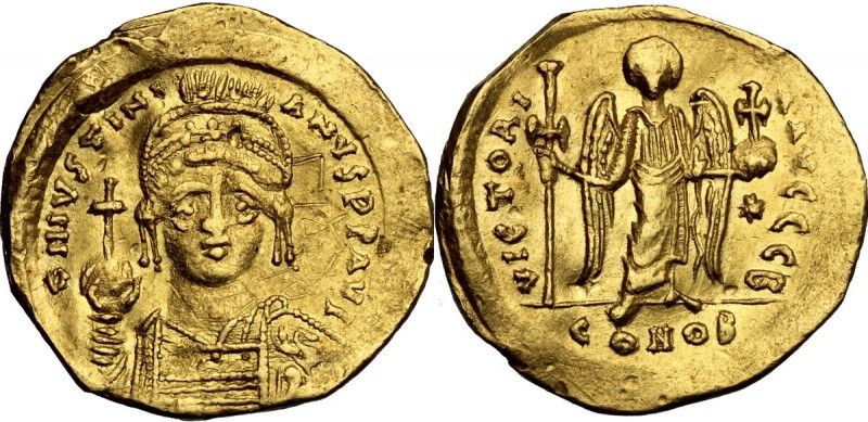 Justinian I (527-565). AV Solidus, Constantinople mint. D/ DN IVSTINIANVS PF AVG...