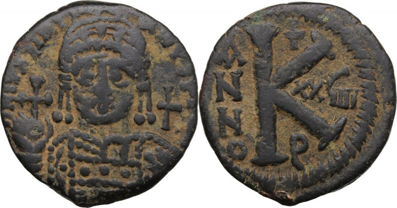 Justinian I (527-565). AE Half Follis, Antioch/Theoupolis mint. D/ DN IVSTINIANV...
