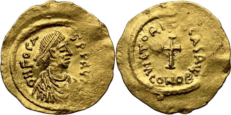 Phocas (602-610). AV Tremissis, Constantinople mint. D/ ON FOCAS PP AVG. Diademe...