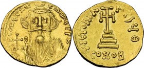 Constans II (641-668). AV Solidus, Constantinople mint. D/ Crowned and draped facing bust wearing long beard, holding globus cruciger. R/ VICTORIA AVG...