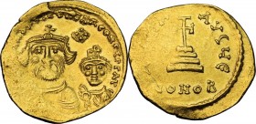 Constans II (641-668) with Constantine IV. AV Solidus. Constantinople mint. Struck 654-659 AD. D/ Crowned and draped facing busts of Constans, with lo...