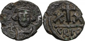 Constans II, with Constantine IV (641-668). AE Half Follis, Carthage mint. D/ Bust facing wearing crown and chlamys, and holding globus cruciger. R/ X...