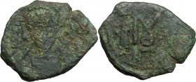 Constantine IV, Pogonatus (668-685). AE Follis, Ravenna mint. D/ Helmeted and cuirassed bust facing, holding spear and shield. R/ Large M between Hera...