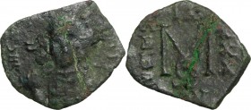Constantine IV, Pogonatus (668-685). AE Follis, Ravenna mint. D/ Helmeted and cuirassed bust facing, holding spear and shield. R/ Large M between A/N/...