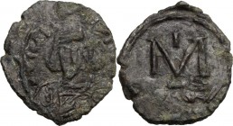 Tiberius III, Apsimar (698-705). AE Follis. Ravenna mint, 698-705. D/ [D TIbERIyS Pε AV]. Crowned and cuirassed facing bust, holding spear and shield....