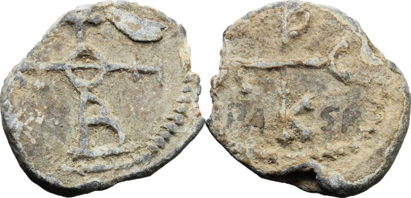 Paschalios (?). Lead Seal, 7th-8th century. D/ Cruciform monogram: Θεότοκε βοήθε...